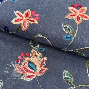 Bavlnená látka JEANS EMBROIDERY Meadow border indigo